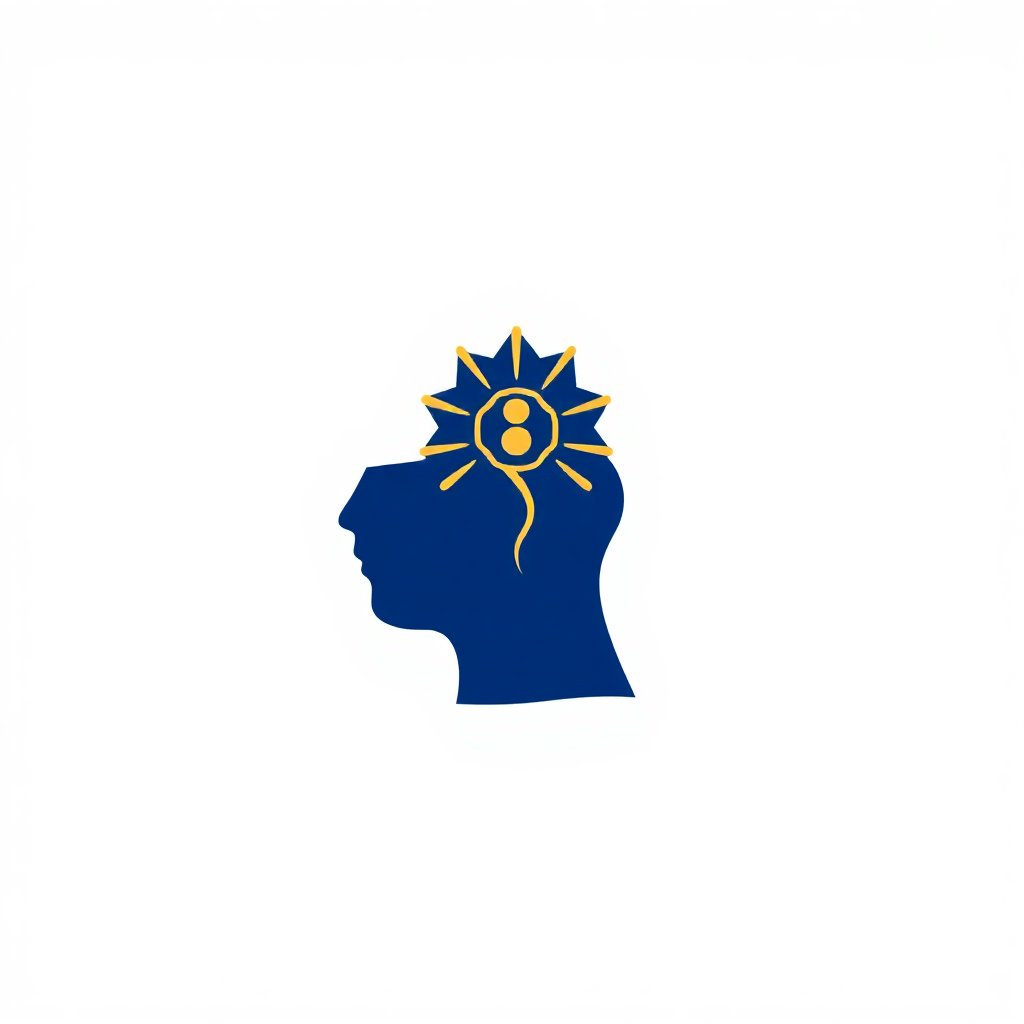 Minimalist luxury line-art icon representing physical health and psychosomatic relief, deep indigo blue with gold accents, professional therapy style, white background