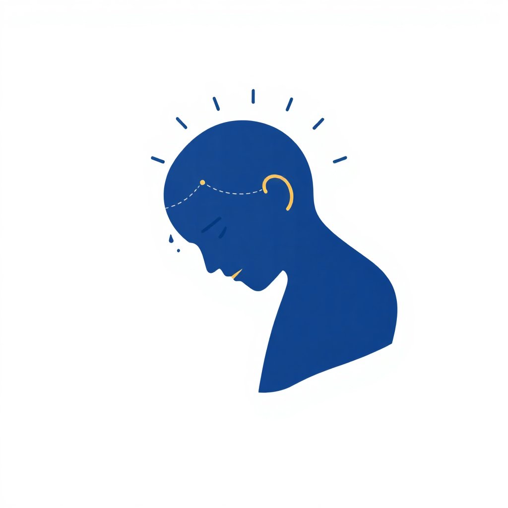 Minimalist luxury line-art icon representing stress relief and anxiety reduction, deep indigo blue with gold accents, professional therapy style, white background